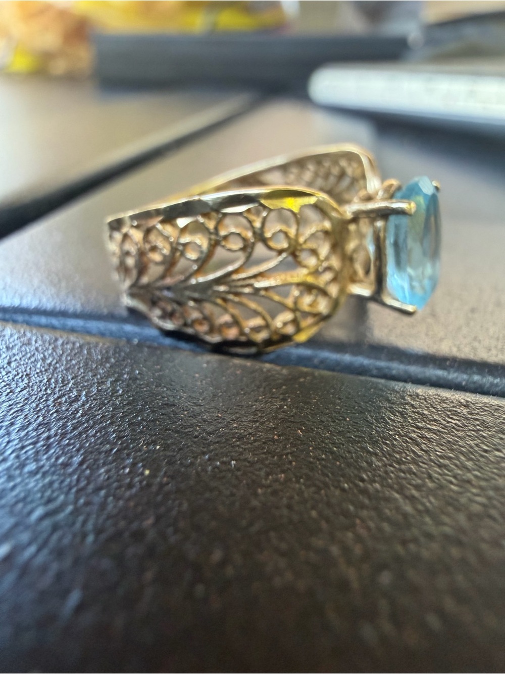 Gold Filigree Ring with Aqua Blue Oval Gemstone - Women's Jewelry - Picture 3 of 4